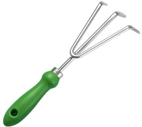 Rastrillo de mano, pequeño rastrillo de jardín de acero inoxidable de 10, 6 x 3, 5 pulgadas con mango de plástico, herramientas colgantes para jardinería, deshierbe, trasplante y excavación.