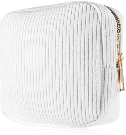 Tweruna Period Bag for Teen Girls, Cute Corduroy Sanitary Napkin Storage Bag with Zipper, Period Portable Pouch for Daily Use, Menstrual Pad Bags for Tampons (White)