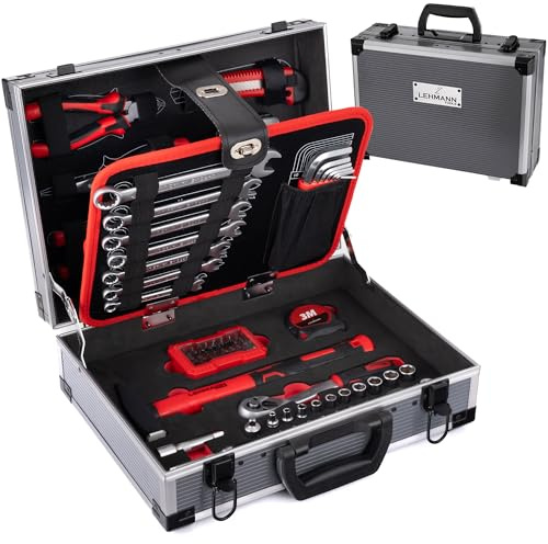 LEHMANN Werkzeugkoffer Gefüllt - 88-teiliges Werkzeug Set - robuste Aluminium Werkzeugbox mit Tragegriff - Werkzeuge mit gummiertem Griff - komplettes Werkzeugset für Werkstatt, Garage & Haushalt