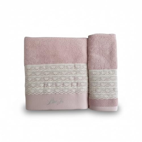 Liu Jo Milano Set Asciugamani Art. Paradiso – Viso 55x100 cm e Ospite 38x58 cm in Spugna 100% Cotone 500 gsm – Con Pizzo e Logo Lurex – In Scatola (Rosa)