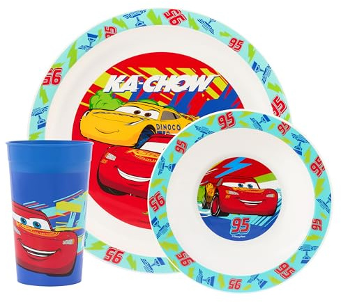 Disney Cars 3-Piece Polypropylene Children's Dinner Set – Plate, Bowl, and Tumbler Featuring Lightning McQueen and Dinoco – Microwave and Dishwasher Safe – Suitable for Ages 36+ Months