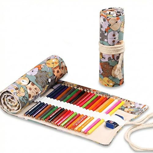NiceNaiils Astuccio Arrotolabile in Tela 36 Fori, Porta Matite Colorate con Stampa Gatto, Astuccio per Disegno e Pittura per Artisti e Studenti, Organizzatore Portatile