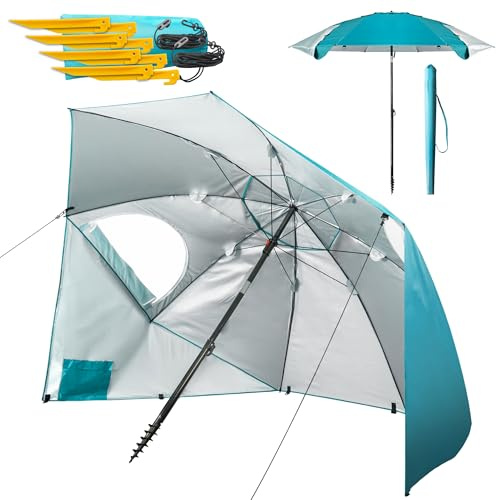 Menz Sonnenschirm Strand windfest stabil Ø 220 cm - Funktionale UPF 50+ Sonnenschirm Muschel, Strandschirm mit Seitenwand, Sonnenschutz Strand, Fb. Türkis