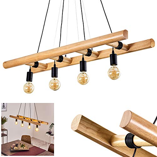 HOFSTEIN Pendelleuchte Yaak, Hängelampe aus Metall/Holz in Schwarz/Braun, 4-flammig, 4 x E27, moderne Hängeleuchte, Höhenverstellbar bis max. 19 cm, für Esszimmer, Wohnzimmer, Küche