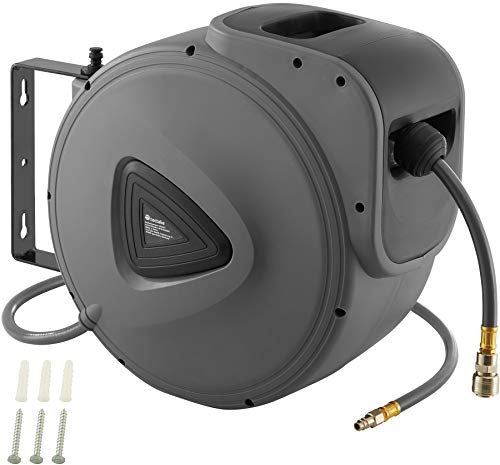 tectake® Enrouleur pneumatique avec tuyau air comprimé 30 m, raccord rapide 1/4, Support mural rotatif à 180° et amovible, 8-12 bars, Dévidoir automatique Enrouleur tuyau air comprimé Atelier Garage