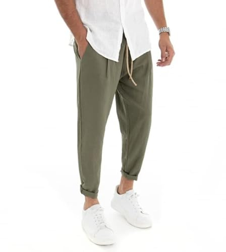 Giosal Pantalone Uomo Elastico Lino Tinta Unita Cavallo Basso Casual Vari Colori (Verde Militare, XL)