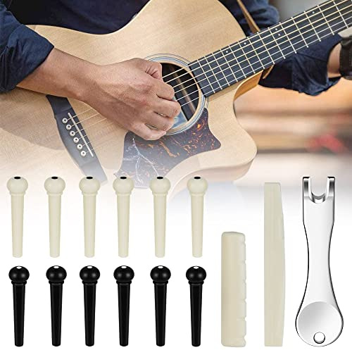 skytowards 12 PCS Chevilles pour Guitares, 2 Sillets de Chevalet avec 1 Chevilles Extracteur Outil, Remplacement Broches de Pont de Guitare pour 6 Cordes Guitares Acoustique/Folk/Classique