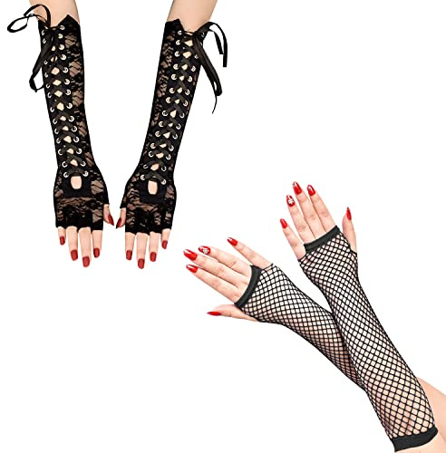 Paire de Gants en Dentelle Noire et Demi-Doigts en Résille - Robe de Soirée Rétro, Costumes de Jeu de Rôle - Pour Opéra, Danse, Mariage