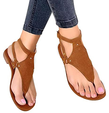 PLAZRU Dressy Thong Sandals for Women Open Toe Shoes Flat Beach Sandals Buckle Ankle Strap Casual Summer Retro Gladiator Sandals