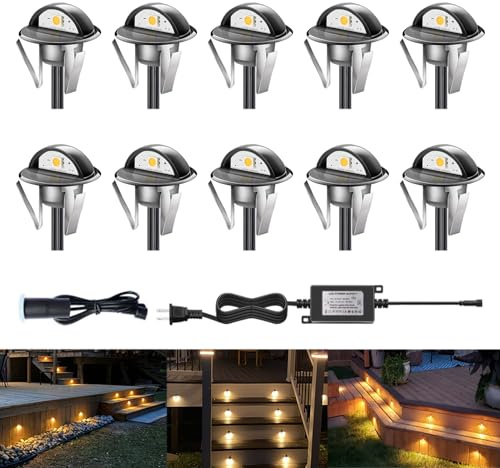 CHNXU LED Outdoor Deck Lights with Photocell, Φ1.38in Warm White 10 Pack Black, Low Voltage 12V IP65 Waterproof, Electric Wired Recessed Stair Step Riser Mini Under Landscape Lighting for Yard Floor