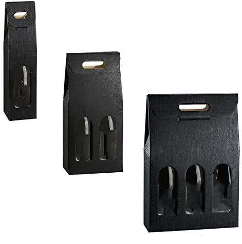 MAQA 3 uds Caja portabotellas H 38,5 cm, Caja portabotellas de cartón para 1-2-3 botellas negro, bolsas portabotellas 2 Bottiglie