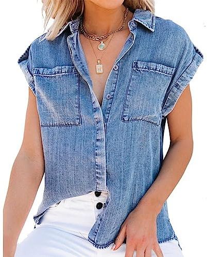 Damblus, dam denimblus sommar vintage tvätt blekt v-ringad skjortor toppar ledig lös knäppning ärmlösa blusar tunika toppar oroliga chambray jeans västerländska skjortor