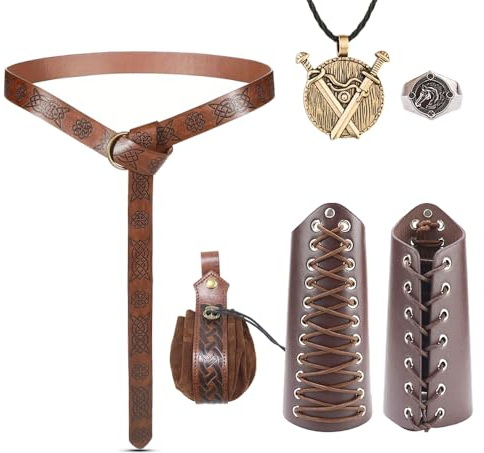 Vercico Mittelalter Kleidung für Damen Herren Accessoires Set, Wikinger Gürtel Lederbeutel Armschienen Vintage Renaissance Ritter Deko (Braun-6PCS)
