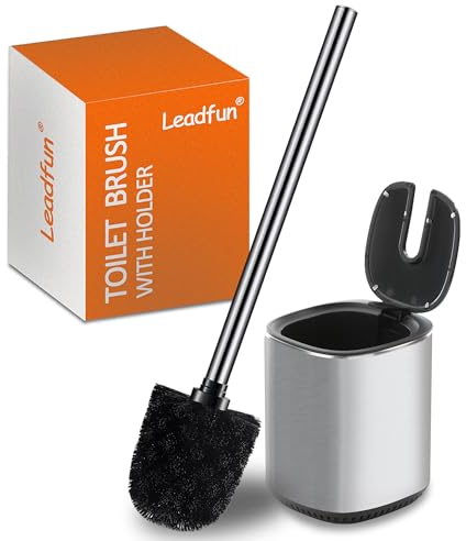Leadfun Escobillas WC, Escobillas de Inodoro, Escobilla de Inodoro con Mango de Acero Inoxidable, Set de Escobilla de Inodoro de Pie, Set de Soporte con Cierre Automático (Plata)