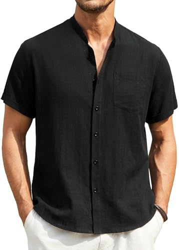 Enlision Camicia di Lino Uomo Nero Camicias Collo Coreano Manica Corta Estiva Camicie Uomo Lino Cotone con Bottoni Tasche per Casual Beach Matrimonio L
