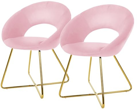 ML-Design stolar för matsal i set om 2 rosa i sammet rund ryggstöd vadderade med gyllene metallben ergonomiska matbordsfåtöljer perfekta som köksstolar skalstolar eller toalettbordsstolar