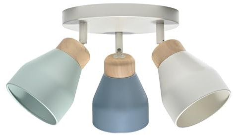 Happy Homewares Modern Scandinavian Styled Triple Spot Ceiling Light Fitting in Dove Grey and Dusk and Duck Egg Blue with Rubber Wood Trims | 16cm x 23cm