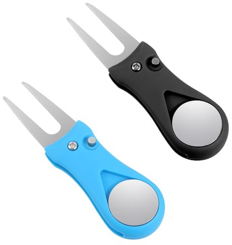 JIYIN 2 Stück Golf Pitchgabel, Golf Reparatur Pitchgabel mit Pop-up-Taste und Ball Marker Golf Divot Werkzeug Faltbare Edelstahl Golf Pitchgabeln Switchblade Golf Pitchgabel (Schwarz+Blau)