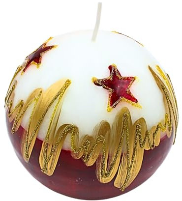 Edle Kugelkerze, Tischkerze, Dekokerze, Wachskerze mit Weihnachtsmotiv, Weihnachtskerze als Kugel 10 cm Christstern, in weiß, rot und gold.