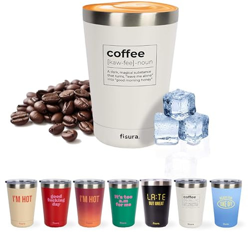 Fisura – Gobelet isotherme original blanc 310 ml. Tasse isotherme en acier inoxydable sans BPA pour café à emporter. Tasse thermique compatible voiture.