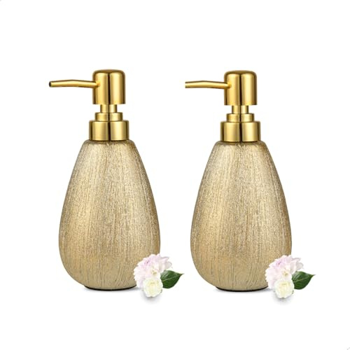 Dispenser di sapone in ceramica color oro spazzolato, confezione da 2, 325 ml, ricaricabile, dispenser per sapone e disinfettante, design strutturato 3D, per cucina e bagno, dispenser decorativo per