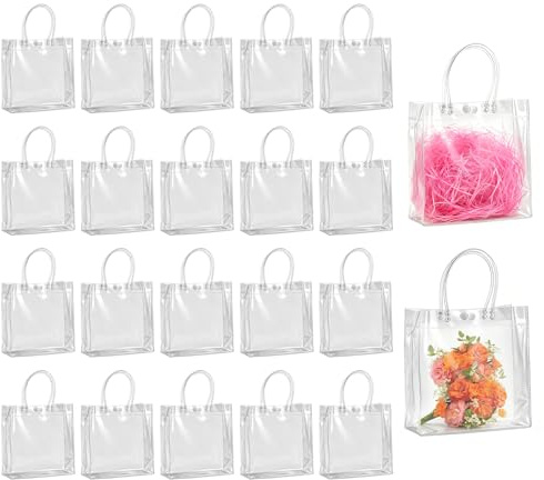 40 sacchetti regalo trasparenti, 20 x 8 x 20 cm, riutilizzabili, in PVC trasparente, con manico, sacchetti per caramelle nuziali e snack