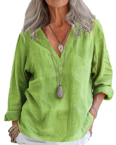 Onsoyours Chemisier élégant à col en V pour Femme Henley Chemisier Ample à Manches Enroulables Manches Longues Lâches Hauts Tuniques de Base T-Shirt Blouses A Jaune XL