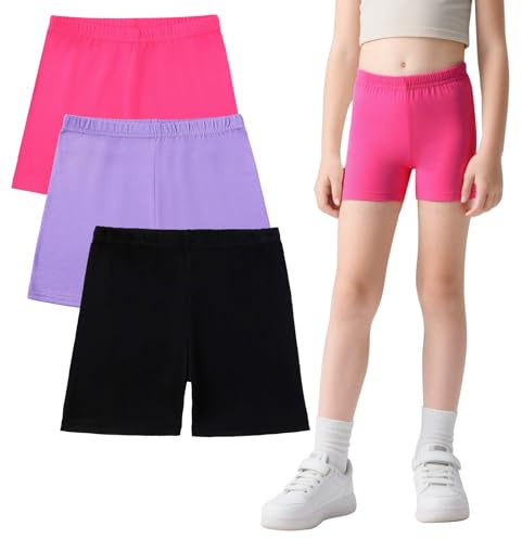 FILOWA Pantalones Cortos para Niñas Algodón Shorts Leggings Pack de 3 Deportivo Ciclismo Pantalon Corto con Cintura Elástica Pantalón Suaves Colores Shorts Pantalones Gimnasia Verano 7-8 años, Morado
