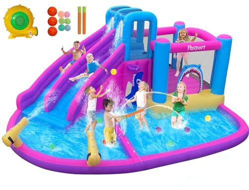 FBSPORT Casa inflable para rebotar, tobogán acuático con 2 toboganes y cañón doble, pared de escalada, castillo inflable para niños con soplador de aire de 550 W para patio, exterior, interior