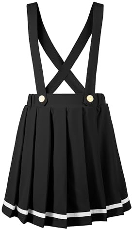 LOLANTA Girls Black Pleated Skirt Kids Suspender Skort Overall Dress with Removable Straps (Black,9-10 Years)
