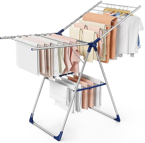 Sakugi Clothes Drying Rack with Height-Adjustable Wings, Metal Foldable Laundry Dryer Stand for Clothing & Bedding, Free-Standing Collapsible for Indoor & Outdoor Use, 55.5 L × 22.8 W, Silver Blue
