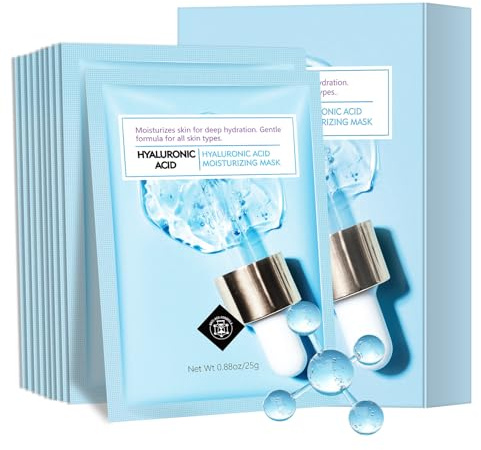 AOPEIBOTO Hyaluronic Acid Face Mask, Hydrating Moisturising Sheet Masks, Face Masks Skincare for Smooth & Glowing Skin, Pack of 10