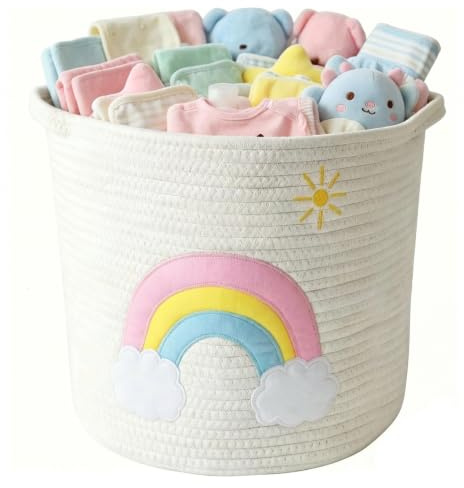 Toy Storage Baskets Woven Cotton Rope Storage Basket Kids Blanket Baskets for Living Room, Toys Organizer with Colorful Rainbow Decor, Baby Basket for Laundry Nursery Playroom