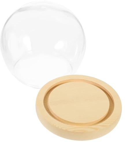 SHINEOFI Campana di Vetro Trasparente Piccola con Base in Legno per Esposizione Fiori e Candele, Cupola a Forma Rotonda per Arredamento Scrivania, Teca Decorativa Elegante per Interni