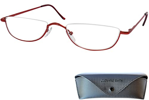 Mini Brille Halb Rund Metall Lesebrille Halbbrille, Gratis Etui und Brillenputztuch, Edelstahl Rahmen (Rot) mit Federscharnier, Lesehilfe Damen und Herren +2.5 Dioptrien