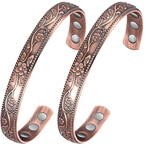 Jecanori 2Pcs Magnetic Copper Bracelets for Women, Vintage Flower 99.99% Pure Copper Bracelets with 3500 Gauss Magnets