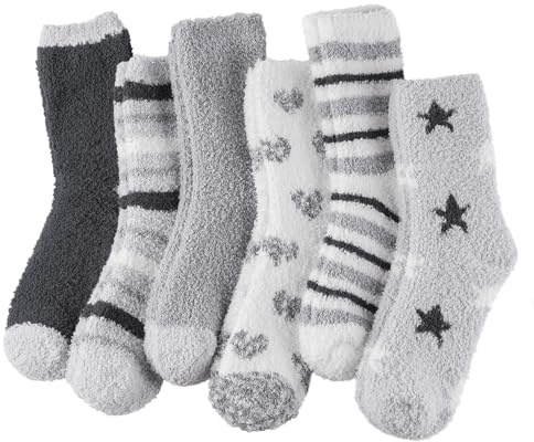 Blu Ninfee Thermal Fluffy Socks for Womens, Ladies Bed Cosy Christmas Fuzzy Socks Thick Warm Socks for Winter Home Sleep Floor 6 Pairs