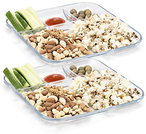 Navaris 2er Set Portionsteller mit Unterteilung aus Glas - 2x geteilter Teller für Portionskontrolle mit 4 Fächern - Snack Plate mit Trennwänden