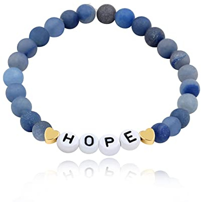 T Brand Initial Letter HOPE Bracelet, Natural Matte Aventurine Blue Beaded Inspirational Bracelet (Blue, 17cm/6.7inch)