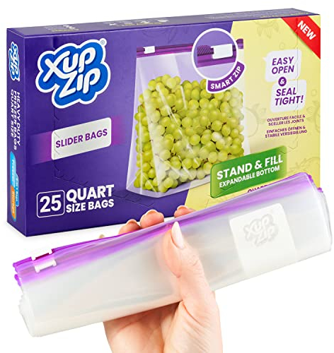 XupZip Quartz Size Slider Freezer Bags with Airtight & Leakproof Smart Zip Seal – Reusable Food Bag with Expandable Bottom – 1 L Heavy-Duty Large Zip-Lock Bags, 25 Pcs