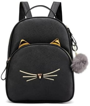 SCOFY FASHION Petit sac à dos en cuir synthétique avec motif de chat de dessin animé pour femme, Noir , Taille Unique