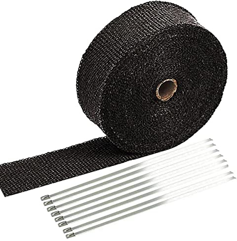 Auspuff Hitzeschutzband, Hitzeschutzband Auspuff Hitzeschutzband Basaltfaser Auspuffband Motorrad Hitzeschutzband mit 8 Stück Edelstahl Kabelbindern für Motorrad Auto (5cm x 5m, Schwarz)