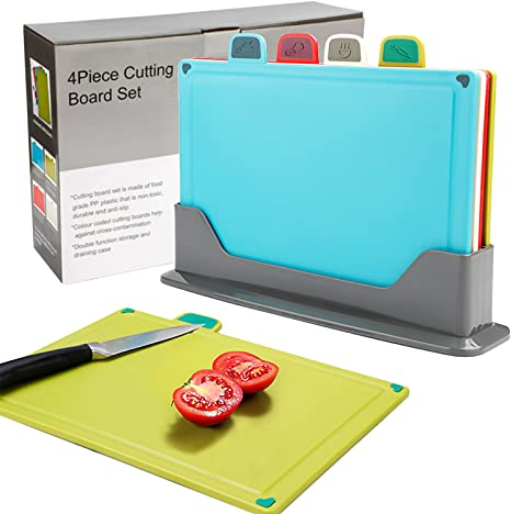 Tagliere di Plastica, Bpa-Free, 30x22cm 4 Pezzi Tagliere Set Tavole da Colazione con Supporto per Verdure di Pesce Frutta Carne Pane