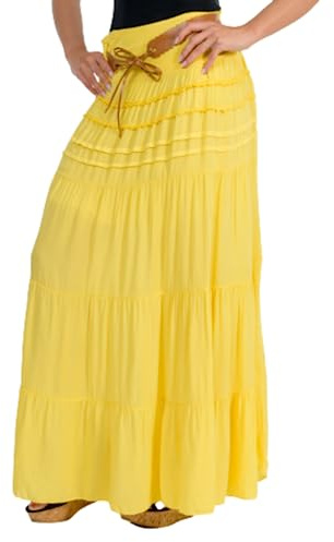 Malito - Jupe longue pour femme en coton avec motif tricoté élégant et ceinture en cuir synthétique - Jupe longue avec taille large - Jupe d'été aérée 1116 (taille unique 34-40), jaune foncé, 36-42