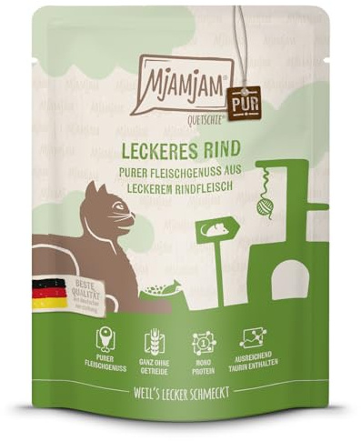 MjAMjAM - Premium våtfoder för katter - Quetschie - rent kött - läckert nötkött, 1 förpackning (1 x 300g), spannmålsfritt med extra kött