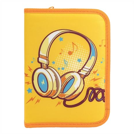 Idena 22079 - Federmappe mit Reißverschluss, Design Sound, gefülltes Federmäppchen mit 28 Teilen, Orange