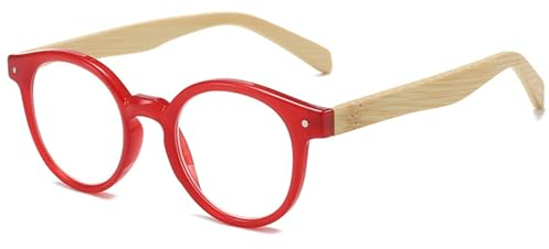 Lanomi Retro Lesebrille Rund Damen Herren Komfortabel Lesehilfe Oval Sehhilfe mit Holz Bügel Rot 2.5