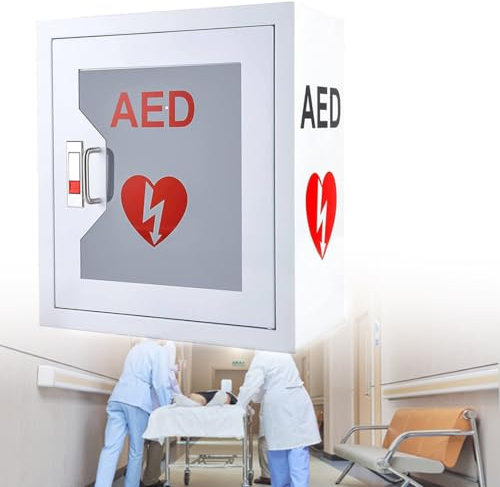 Gabinete De Almacenamiento Para Desfibrilador AED,Caja De Alarma De Desfibrilación Cardíaca De Acero Montada En Pared Con Sistema De Alarma, Para Hogar,Oficina,Hogar De Ancianos,Autobús, 14.1x7x15.7