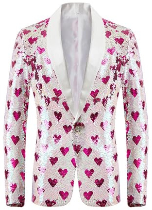 FNKDOR Glitzer Herz Pailletten Sakko Herren Anzugjacke Moderne Party Anzug Männer Blazers Abendanzug (Pink, XXL)