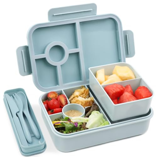 Bugucat Brotdose Kinder mit Fächern 1300ML, Auslaufsicher Lunchbox Kinder, Bento Box mit Besteckset, Brotdose für Erwachsene,Vesperdose Frühstücksbox für Mädchen & Jungen Blau